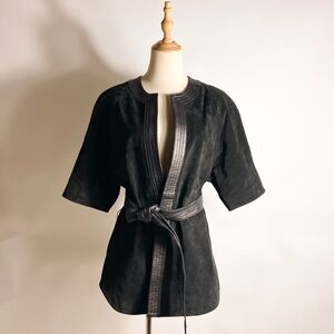 IMAN Genuine Leather Suede Kimono Style Belted Black Jacket Small